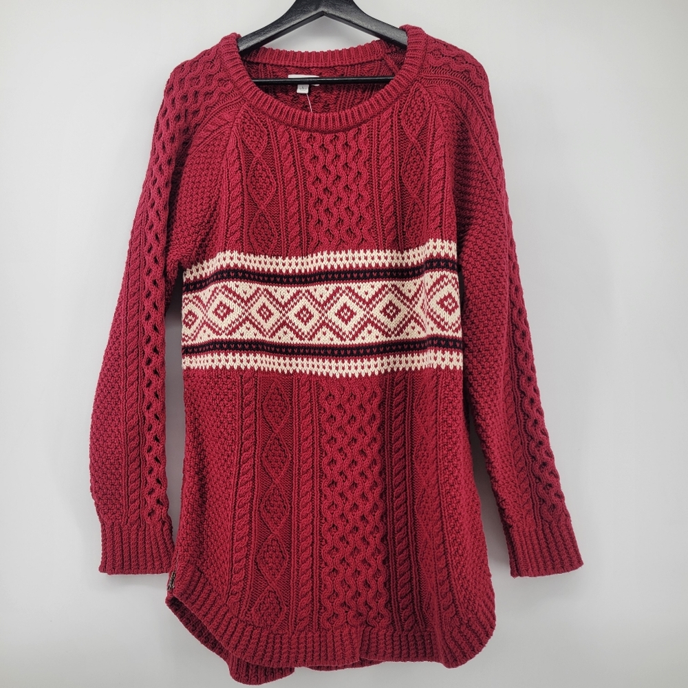 L.L.Bean Signature Cotton Fisherman Tunic Sweater in a red Fair Isle pattern L